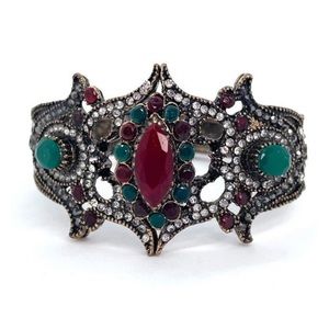 NWOT Bejeweled Hinge Cuff Antique Metal Bracelet